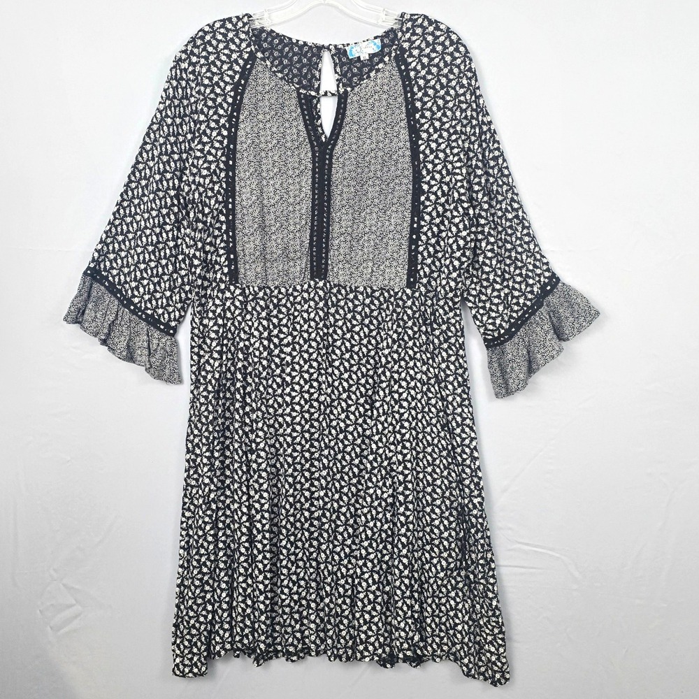 J Glee Floral A-line Keyhole Round Neckline Ruffle‎ 3/4 Sleeve Black White XL
